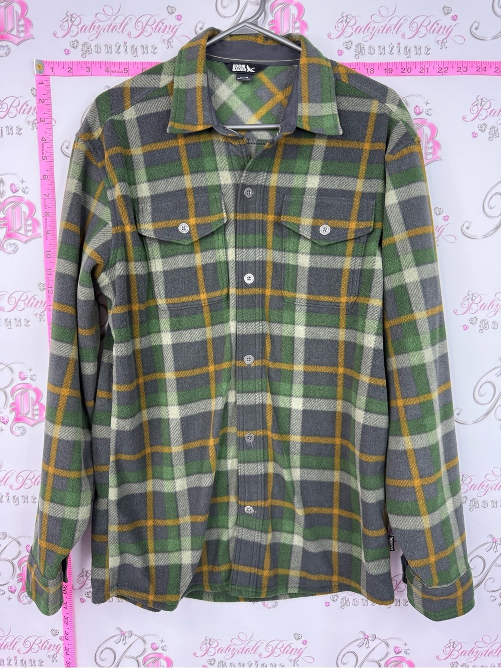Eddie Bauer fleece sweater Green Gray Plaid Fleece Button-Up Shirt Jacket